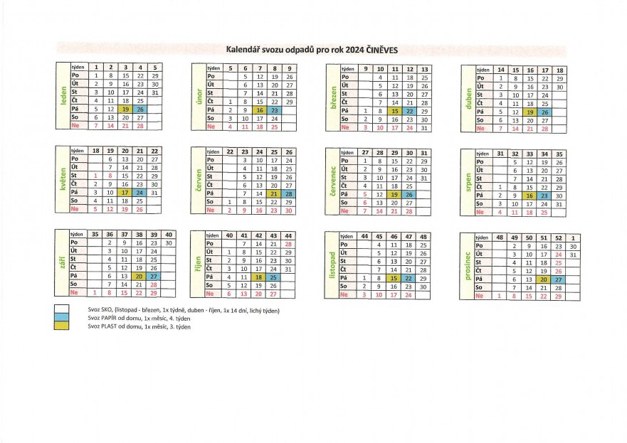 Kalendář svozu odpadů pro&nbsp;rok 2024