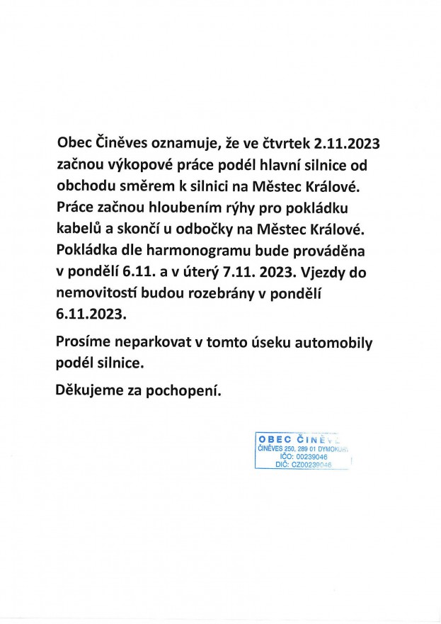 Oznámení - výkopové práce