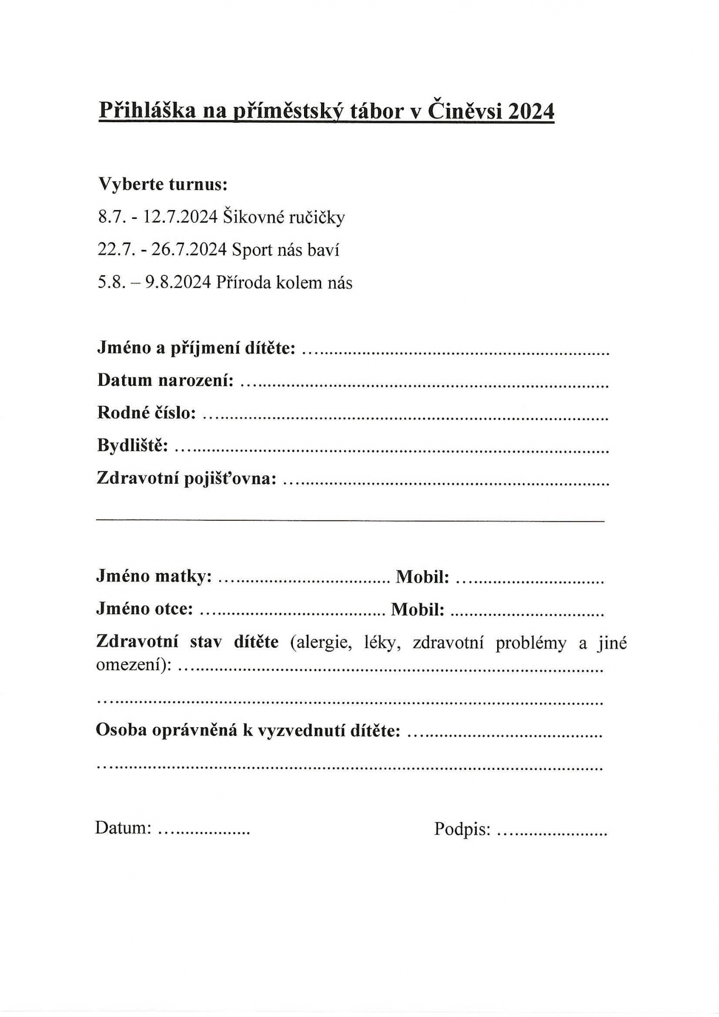 Přihláška na&nbsp;příměstský tábor 2024