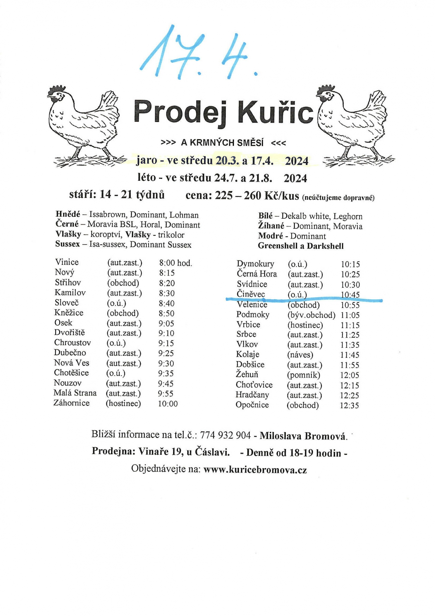 Prodej kuřic - 17.4.2024
